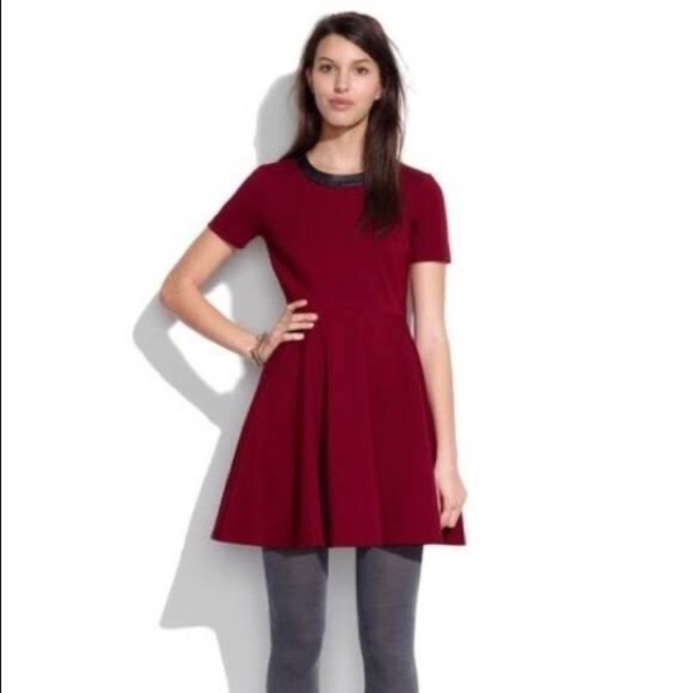 Madewell Burgundy Skater Dress with Leather Trim - size L